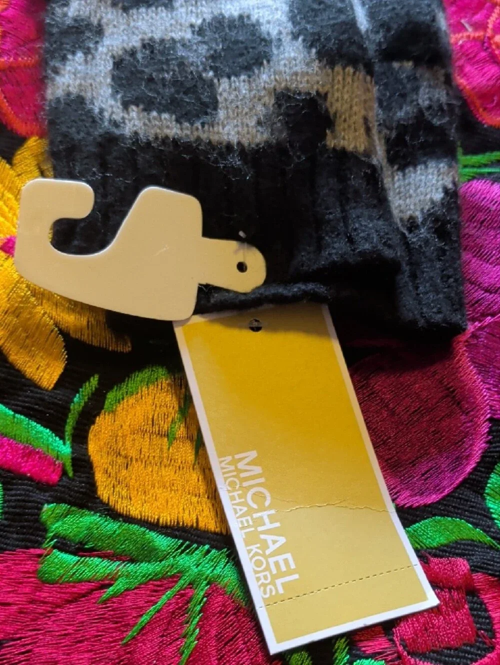 Michael Kors Black and Gray Leopard Knit Mittens with Gold MK Accent